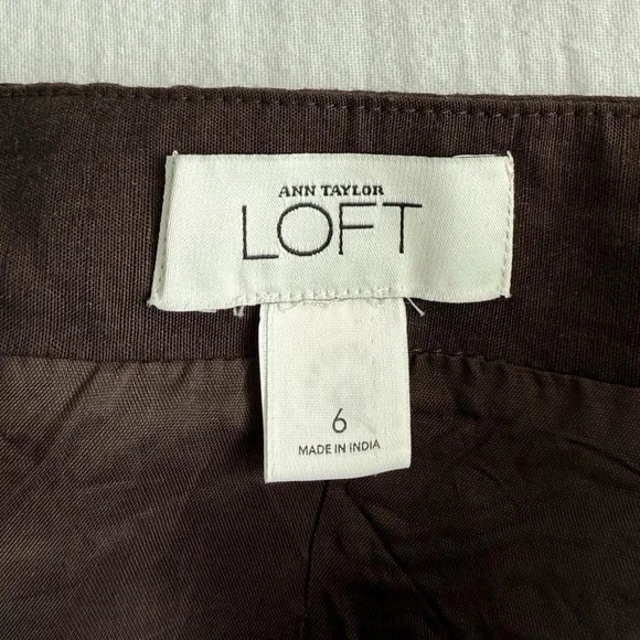 Loft Brown Linen Midi Skirt w/ Embroidered Hem - Picture 4 of 7